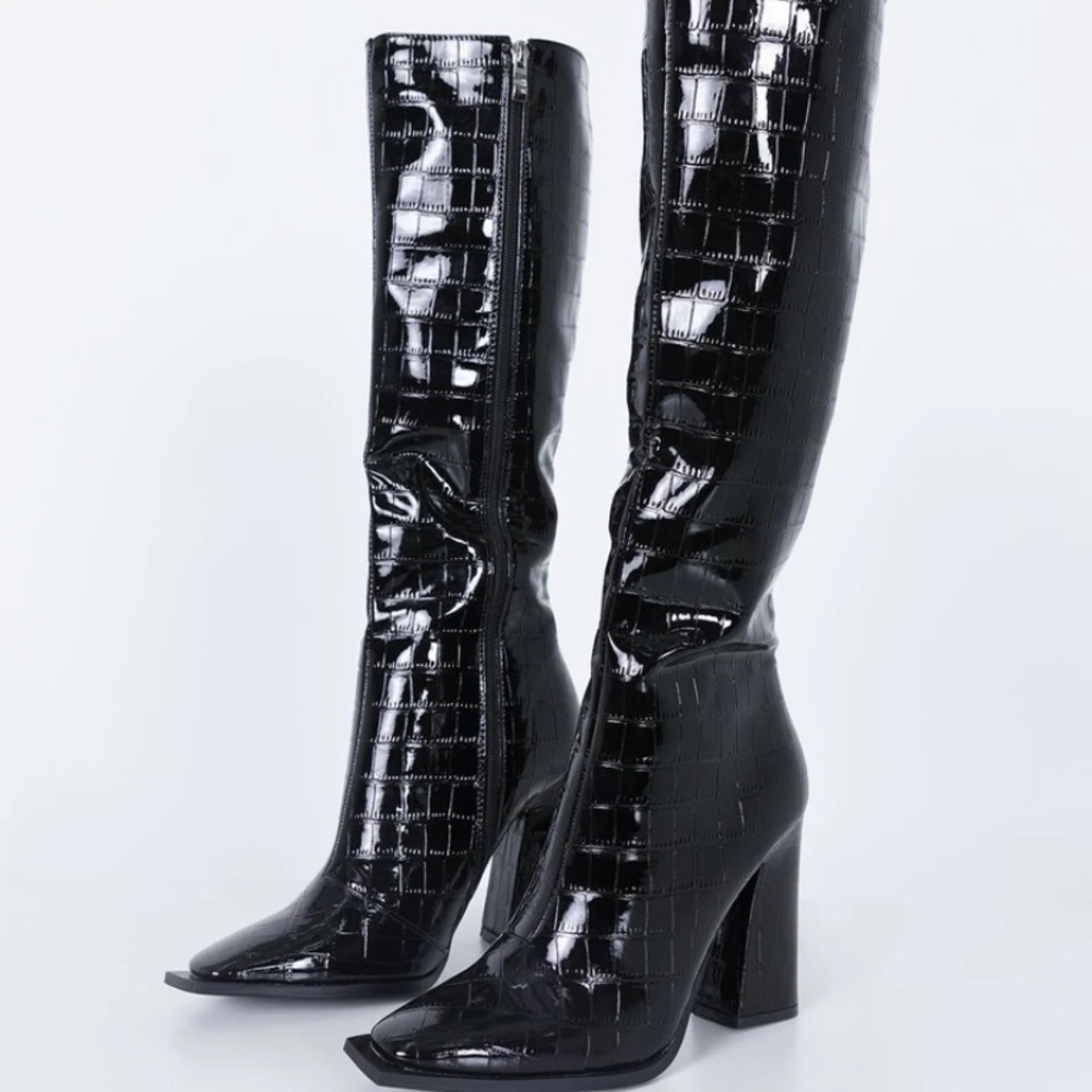 Faux Croc Print Knee High Boots